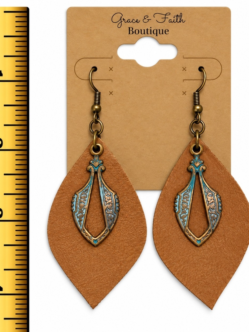Tan Leather Drop Earrings with Turquoise Accent